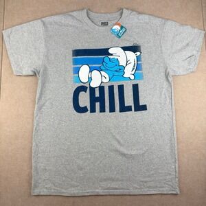 Smurfs Shirt Men L Gray Graphic Tee Lazy Smurf Chill Quote Brisco Brands License